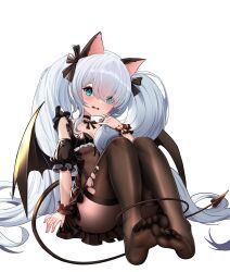 1girl absurdres animal_ears ass asymmetrical_bangs azur_lane black_bow black_choker black_skirt black_thighhighs black_wrist_cuffs blue_eyes blunt_bangs bow breasts cat_ears choker cleavage commentary_request demon_tail demon_wings detached_sleeves eyes_visible_through_hair fake_animal_ears fake_tail fake_wings feet full_body grey_hair hair_bow hair_over_one_eye highres janus_(azur_lane) janus_(fright-night_scaredy-cat)_(azur_lane) knees_up long_hair niballl no_shoes official_alternate_costume puffy_short_sleeves puffy_sleeves see-through_clothes short_sleeves sitting skirt small_breasts soles solo swept_bangs tail tearing_up thighhighs thighs toes torn_clothes torn_thighhighs twintails very_long_hair wings wrist_cuffs rating:Sensitive score:21 user:danbooru