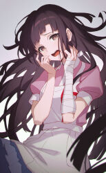  1girl absurdres apron bandaged_arm bandages brown_eyes brown_hair commentary_request cowboy_shot crying crying_with_eyes_open danganronpa_(series) danganronpa_2:_goodbye_despair floating_hair grey_skirt hands_up highres long_hair looking_at_viewer open_mouth pink_shirt pleated_skirt puffy_short_sleeves puffy_sleeves shali shirt short_sleeves simple_background skirt solo tears tsumiki_mikan white_apron white_background 