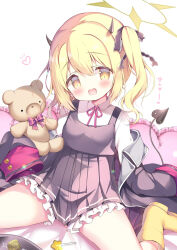  1girl :d azumi_kazuki black_bow black_jacket blonde_hair blue_archive blush boots bow brown_eyes candy collared_shirt commentary_request demon_girl demon_horns demon_tail dress food frilled_dress frilled_pillow frills grey_dress hair_between_eyes hair_bow halo head_tilt heart heart-shaped_pillow horns ibuki_(blue_archive) jacket lollipop long_sleeves looking_at_viewer neck_ribbon open_mouth pillow pinafore_dress pink_ribbon pleated_dress ribbon shirt side_ponytail sitting sleeveless sleeveless_dress sleeves_past_fingers sleeves_past_wrists smile solo star_(symbol) stuffed_animal stuffed_toy tail teddy_bear translation_request wariza white_shirt yellow_boots 
