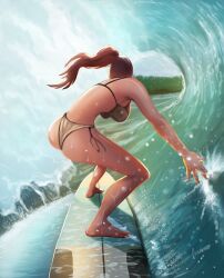  1girl ass bikini breasts brown_bikini brown_hair chernyart from_behind full_body highres large_breasts original ponytail side-tie_bikini_bottom signature solo surfboard surfing swimsuit waves wet wet_camera 