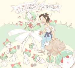  1boy anger_vein black_hair bob_cut bowl_cut bush colored_skin dress gardevoir gen_3_pokemon green_hair green_skin hair_over_one_eye highres holding holding_poke_ball holding_sack horns multicolored_skin n0ctyrra nintendo open_mouth poke_ball poke_ball_(basic) pokemon pokemon_(creature) pokemon_go ralts red_eyes sack sharp_teeth shirt shouting speech_bubble teeth two-tone_skin white_dress white_shirt white_skin zzz 