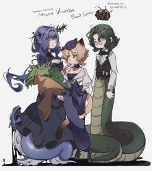  1boy 3girls :&lt; absurdres acorn_pendant animal_ears arcana_(reverse:1999) ascot black_dress black_flower black_hair black_liquid black_shoes black_vest blonde_hair blue_hair blue_hat bouquet breasts cat_ears cat_girl cat_tail cleavage cleavage_cutout clothing_cutout dress druvis_iii english_text fascinator flower forget_me_not_(reverse:1999) furrification furry furry_female glasses green_eyes grey_background grey_eyes hat highres hobble_dress holding holding_bouquet korean_text lamia_boy long_dress long_hair looking_at_viewer monster_boy monsterification multiple_girls neck_flower reverse:1999 round_eyewear schneider_(reverse:1999) shirt shoes short_hair smile tail tentacle_girl tentacles unhyang vest wand_in_head white_ascot white_shirt yellow_eyes 
