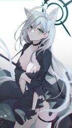  1girl ahoge animal_ears black_dress black_gloves blue_archive blue_eyes breasts broken_halo choker cleavage clothes_lift cowboy_shot cross_hair_ornament dress dress_lift extra_ears gloves grey_hair hair_between_eyes hair_ornament halo highres holding_own_arm holster kuwakuwa large_breasts long_hair long_sleeves looking_at_viewer parted_lips shiroko_(blue_archive) shiroko_terror_(blue_archive) sky snow solo standing surprised thigh_holster thigh_strap thighs torn_sleeve white_background wide_sleeves wind wolf_ears wolf_girl  rating:Sensitive score:9 user:Solarwagon