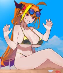  1girl ahoge beach bikini blush breasts claw_pose cleavage dismassd dragon_girl dragon_horns dragon_tail eyebrows_hidden_by_hair eyewear_on_head from_side gold_bikini highres hololive horns kiryu_coco large_breasts long_hair looking_at_viewer navel open_mouth orange_hair pointy_ears red_eyes sitting smile solo stomach sunglasses sunlight swimsuit tail underboob very_long_hair 