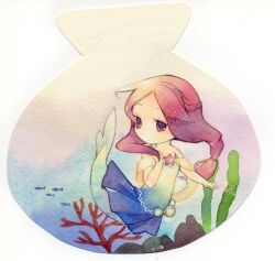  1girl andersen&#039;s_fairy_tales arm_up azkrock blue_dress braid breasts brown_eyes brown_hair commentary_request coral dress expressionless gradient_clothes gradient_dress highres looking_to_the_side painting_(medium) rock seashell seaweed shawl shell small_breasts solo the_little_mermaid_(andersen) traditional_media underwater watercolor_(medium) 