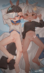  2boys absurdres animal_ears arm_up bar_censor barefoot black_hair black_shirt black_shorts blue_eyes blush bottomless brown_eyes censored covering_own_eyes dark-skinned_male dark_skin feet grey_hair highres holding_hands horse_boy horse_ears horse_tail looking_at_viewer male_focus multiple_boys navel omurice_(roza4957) open_mouth original penis shirt short_hair shorts shota small_penis tail testicles toes unworn_shorts v-neck wavy_mouth white_shirt 