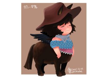  1girl animal_ears black_wings blue_shirt brown_background brown_hat centaur closed_eyes closed_mouth commentary_request cowboy_hat feathered_wings frown full_body hat horse_ears horse_girl horse_tail kurokoma_saki monsterification off-shoulder_shirt off_shoulder onikobe_rin shirt short_hair simple_background solo tail taur touhou two-tone_background white_background wings 