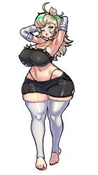  1girl absurdres alternate_breast_size armpits arms_behind_head black_choker black_shirt black_shorts blonde_hair blush breasts choker cleavage covered_erect_nipples crop_top detached_sleeves full_body green_eyes hair_bun hair_ornament highres large_breasts long_hair midriff mold_(pixiv6616319) nail_polish navel one_eye_closed open_mouth piper_wheel red_nails shirt shorts simple_background single_hair_bun sleepy solo standing sweat thick_thighs thighhighs thighs torn_clothes white_background white_sleeves white_thighhighs wide_sleeves yawning zenless_zone_zero 