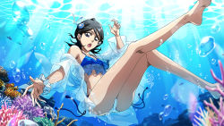  1girl ass bare_legs barefoot bikini black_hair bleach bleach:_brave_souls blue_bikini blue_eyes breasts bubble cameltoe collarbone crotch_seam hair_ornament highres kuchiki_rukia legs ocean official_art see-through_clothes see-through_shirt short_hair side-tie_bikini_bottom small_breasts swimsuit underwater water wristband  rating:Sensitive score:84 user:User15899