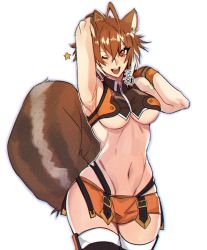  1girl ahoge animal_ears armpit_focus armpits bare_shoulders blazblue breasts brown_hair cowboy_shot hair_between_eyes highres looking_at_viewer makoto_nanaya midriff miniskirt navel one_eye_closed open_mouth roas01b short_hair simple_background skirt sleeveless solo standing tail teeth thighhighs tongue underboob white_background  rating:Sensitive score:45 user:danbooru