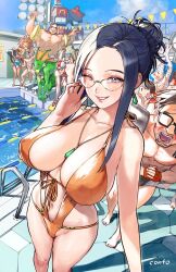  6+boys 6+girls abigail_(final_fight) barefoot breasts bx-02_blodia capcom cheering cleavage_cutout clothing_cutout commentary company_connection competition_swimsuit conto crossover cyberbots dark-skinned_female dark_skin darkstalkers dhalsim english_commentary felicia_(darkstalkers) final_fight glasses headband highres huge_breasts jewelry june_lin_milliam justice_gakuen kasugano_sakura lane_line leo_(warzard) male_swimwear mature_female mecha minazuki_kyouko monster_boy multiple_boys multiple_crossover multiple_girls muscular muscular_male namikawa_nagare navel navel_cutout necklace one-piece_swimsuit pool power_stone rainbow_mika rikuo_(darkstalkers) robot rouge_(power_stone) ryu_(street_fighter) saotome_jin shimazu_hideo star_gladiator street_fighter string_of_flags swim_briefs swimsuit warzard 