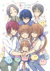  3boys 4girls antenna_hair blue_hair brown_hair cigarette clannad commentary_request dango_daikazoku closed_eyes family father_and_daughter father_and_son feet_out_of_frame furukawa_akio furukawa_nagisa furukawa_sanae glasses grandfather_and_granddaughter grandmother_and_granddaughter grandmother_and_grandson happy_birthday husband_and_wife izumi_rei long_hair mother_and_daughter mother_and_son mouth_hold multiple_boys multiple_girls okazaki_naoyuki okazaki_shino okazaki_tomoya okazaki_ushio old old_woman ponytail short_hair sitting white_background 