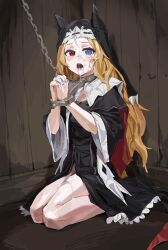  1girl a_tea bad_link begging blue_eyes breasts chain chain_leash character_request copyright_request cum cum_in_mouth cum_on_body cum_on_legs cumdrip dress facial frilled_dress frills full_body heterochromia highres kneeling leash long_hair looking_at_viewer nun orange_hair red_eyes restrained sitting small_breasts solo very_long_hair 