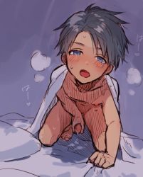 1boy barefoot bed blanket blue_eyes blush cum looking_at_viewer male_focus masturbation nude on_bed open_mouth orgasm heavy_breathing penis pillow_(nutsfool) shota simple_background solo steam rating:Explicit score:655 user:harucho