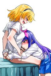  07th_expansion 1futa 1girl ass bar_censor bed blue_hair blue_skirt blush bound bound_together bound_wrists bow bowtie censored charm_(object) couple cuffs dress_shirt fang fellatio furude_rika futa_with_female futanari handcuffs highres higurashi_no_naku_koro_ni houjou_satoko key long_hair long_sleeves looking_down medium_hair michomicho no_panties no_pants on_bed open_mouth oral penis pink_bow pink_eyes purple_eyes school_uniform shirt short_sleeves simple_background sitting skirt smug tongue veins veiny_penis very_long_hair white_background white_shirt 