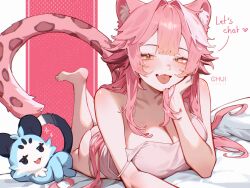 1girl animal_ears artist_name ass bare_legs bare_shoulders barefoot blush breasts camisole chattino_(raora_panthera) chui_art cleavage commentary english_commentary fang feet hair_intakes hand_on_own_cheek hand_on_own_face heart highres hololive hololive_english huge_breasts long_hair looking_at_viewer lying multicolored_hair on_stomach open_mouth panther_ears panther_girl panther_tail panties pillow pink_background pink_camisole pink_hair pink_panties polka_dot polka_dot_background raora_panthera skin_fang sparkle strap_slip streaked_hair tail the_pose thighs tongue tongue_out underwear virtual_youtuber white_background yellow_eyes
