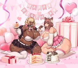  2girls animal_ear_fluff animal_ears bandaid bandaid_on_face bandaid_on_nose belt birthday_cake birthday_party blonde_hair blue_eyes body_writing bow bowtie box breasts brown_hair cake chest_strap choker cleavage cowbell dark-skinned_female dark_skin detached_collar detached_sleeves dress drill_hair english_text feeding fishnet_shrug flower flower_on_head food fork fur-trimmed_jacket fur_trim gift gift_box gradient_hair heart heart-shaped_pillow heart_belt_buckle heterochromia holding holding_food holding_fork horns huge_breasts jacket lips medium_hair midriff multicolored_hair multiple_girls navel neck_bell open_clothes open_jacket original pillow pink_dress pink_hair plump shirt single_thighhigh sitting skindentation skirt smile strapless sweat thick_thighs thigh_strap thighhighs thighs tube_top twin_drills wet_tea white_dress white_jacket white_shirt white_sleeves white_thighhighs yellow_eyes 