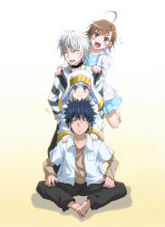 2boys 2girls accelerator_(toaru_majutsu_no_index) ahoge black_hair brown_eyes brown_hair cape choker colorized delf dress green_eyes habit highres index_(toaru_majutsu_no_index) kamijou_touma lab_coat last_order_(toaru_majutsu_no_index) long_hair multiple_boys multiple_girls nun polka_dot short_hair sitting smile spiked_hair toaru_majutsu_no_index rating:Sensitive score:7 user:danbooru