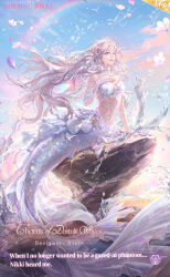  1girl artist_request bare_shoulders bikini blue_eyes blue_sky circlet cloud fins fish_tail floating_hair flock flower frilled_skirt frills full_body grey_hair hair_between_eyes hand_on_own_chest happy head_fins highres long_hair medium_skirt mermaid monster_girl navel nikki_(series) nixie_(shining_nikki) ocean official_art on_rock open_mouth outdoors petals rainbow second-party_source shell shell_bikini shining_nikki showgirl_skirt skirt sky smile solo sound_of_tide&#039;s_reverie_(shining_nikki) stomach sunrise swimsuit tail teeth upper_teeth_only very_long_hair water_drop wavy_hair white_bikini white_flower white_skirt white_tail 