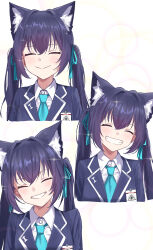  1girl :d ^_^ absurdres abydos_high_school_logo animal_ear_fluff animal_ears black_hair black_jacket blue_archive blue_necktie blue_ribbon blush cat_ears cat_girl closed_eyes closed_mouth collared_shirt commentary cropped_torso extra_ears facing_viewer fang fujiwara_haru_(nekonote) grin hair_intakes hair_ribbon happy highres id_card jacket long_hair multiple_views necktie open_mouth ribbon school_uniform serika_(blue_archive) shirt sidelocks simple_background smile sparkle split_mouth straight_hair twintails upper_body v-shaped_eyebrows white_background white_shirt 