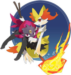  2others animal_ears braixen claws commentary fang feet fire forehead_jewel fox_ears fox_tail furry gen_4_pokemon gen_6_pokemon hatenakayubi legs multiple_others nintendo open_mouth orange_eyes other_focus pokemon pokemon_(creature) red_eyes sitting stick tail weavile 