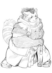  1boy absurdres bara belly closed_mouth commentary fat furry furry_male geta greyscale hatching_(texture) highres holding holding_sword holding_weapon japanese_clothes linear_hatching looking_at_viewer male_focus monochrome okoge_16 pectorals ponytail red_panda_boy red_panda_ears red_panda_tail sheath sheathed smile suruga_(tamacolle) sword tabi tamacolle weapon white_background 