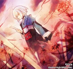  1boy ahoge bone expressionless field flower flower_field fog glasses highres holding holding_bone japanese_clothes morichika_rinnosuke red_background red_bag short_hair solo spider_lily standing torii_sumi touhou white_hair yellow_eyes 