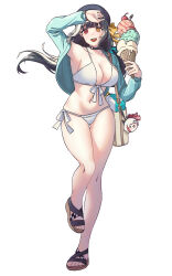  1girl alternate_costume aqua_jacket arm_up bag bikini breasts character_charm charm_(object) cleavage food front-tie_bikini_top front-tie_top full_body girls&#039;_frontline greatyoruka63 heterochromia highres holding holding_food holding_ice_cream ice_cream jacket leg_up long_hair looking_at_viewer m4_sopmod_ii_(girls&#039;_frontline) multicolored_hair open_clothes open_jacket open_mouth red_eyes ro635_(girls&#039;_frontline) sandals shoulder_bag side-tie_bikini_bottom simple_background smile solo streaked_hair swimsuit teeth toes towel two-tone_hair upper_teeth_only white_background white_bikini white_hair yellow_eyes 