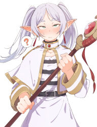  1girl ? belt black_belt earrings eitopondo elf frieren green_eyes grey_hair highres holding holding_staff jewelry long_hair mage_staff pointy_ears shirt simple_background skirt solo sousou_no_frieren spoken_question_mark staff striped_clothes striped_shirt twintails white_background white_skirt 