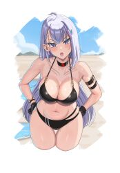  1girl absurdres ahoge arm_belt beach belt bikini black_belt black_bikini black_collar black_gloves blue_hair breasts cleavage collar collarbone commission earrings ember_amane emmettart gloves grey_hair hair_ornament hands_on_own_hips highres jewelry long_hair mole mole_on_breast mole_on_thigh mole_under_eye multicolored_hair multiple_moles navel open_mouth phase_connect pink_hair purple_eyes solo streaked_hair swimsuit thigh_gap virtual_youtuber 