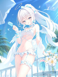  1girl bare_shoulders bikini blue_eyes blue_sky blush bow breasts cup flower food hair_bow hair_ornament halo highres holding holding_food holding_popsicle long_hair looking_at_viewer navel open_mouth original outdoors palm_tree ponytail popsicle ribbon shawl sky small_breasts smile snow_is solo stomach swimsuit table tree very_long_hair white_bikini white_hair 