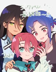  1boy 2girls amate_yuzuriha aqua_eyes aqua_shirt black_hair blue_hair blush cellphone closed_mouth collared_shirt colored_inner_hair commentary_request copyright_name dated episode_number fuji_(f_ukkami) grey_background gundam gundam_gquuuuuux hair_ornament highres holding holding_phone jacket long_hair long_sleeves looking_at_phone looking_at_viewer lower_eyelashes_only multicolored_hair multiple_girls necktie nyaan_(gundam_gquuuuuux) open_mouth phone ponytail purple_hair red_eyes red_hair school_uniform shirt short_hair shuji_ito simple_background smartphone smile sweatdrop sweater tank_top two-tone_hair upper_body yellow_eyes 