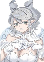  1girl bare_shoulders breasts cleavage demon_girl demon_horns demon_wings dress drill_hair duel_monster earrings gloves grey_eyes grey_hair heart heart_hands highres horns itoama_030 jewelry lovely_labrynth_of_the_silver_castle pointy_ears simple_background solo strapless strapless_dress twin_drills upper_body white_background white_dress white_gloves wings yu-gi-oh! 