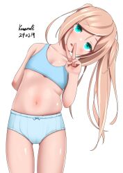  1girl aqua_eyes belly blonde_hair blue_bra blue_panties bra highres loli looking_at_viewer navel open_mouth original pachiki8p panties solo stomach thighs training_bra underwear v 