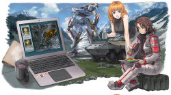  2girls armored_core armored_core:_brave_new_world armored_core_3 armored_personnel_carrier armored_vehicle bodysuit box brown_eyes brown_hair chocolate coffee computer computer_keyboard container cup double_heart eating female_focus food fromsoftware laptop mature_female mecha military military_uniform military_vehicle motor_vehicle mountain multiple_girls napkin on_box orange_hair plate purple_eyes robot sitting sitting_on_box snow spoon vehicle victoria_(armored_core) 