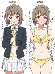  1girl asymmetrical_hair before_and_after black_jacket blazer bob_cut bra collared_shirt commentary_request cowboy_shot dress_shirt grey_hair jacket looking_at_viewer love_live! love_live!_nijigasaki_high_school_idol_club mukiryoku_bato multiple_views nakasu_kasumi nijigasaki_school_uniform open_clothes open_shirt panties plaid_clothes plaid_skirt pleated_skirt red_eyes ribbon school_swimsuit school_uniform shirt short_hair skirt sweater_vest swimsuit translation_request underwear white_shirt white_skirt winter_uniform yellow_bra yellow_panties yellow_ribbon yellow_sweater_vest  rating:Sensitive score:17 user:danbooru