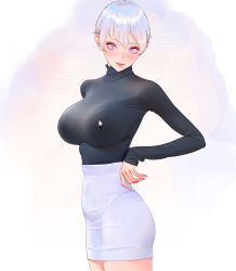  1girl absurdres black_sweater bra_visible_through_clothes breasts cursor high-waist_skirt highres large_breasts looking_at_viewer miniskirt office_lady original pink_eyes ribbed_sweater short_hair skirt smile sweater turtleneck turtleneck_sweater white_hair white_skirt wonbin_lee  rating:Sensitive score:52 user:danbooru