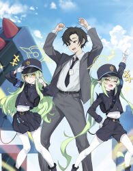  1boy 2girls :o ;d arm_behind_back arm_up arms_up bag belt black_belt black_hair black_jacket black_necktie black_shorts black_skirt blazer blue_archive blue_jacket blue_shorts blue_skirt blue_sky blush brown_eyes bully_maguire_(meme) business_suit buttons collared_shirt cropped_jacket curly_hair dancing day demon_girl demon_tail double-breasted earrings expressionless fang formal_clothes gloves green_hair green_halo hair_between_eyes half-closed_eye half-closed_eyes halo hand_on_own_hip hands_up happy hat highres hikari_(blue_archive) id_card jacket jewelry knees_together_feet_apart legs_apart long_hair marvel meme miniskirt multiple_girls necktie nozomi_(blue_archive) one_eye_closed open_clothes open_jacket open_mouth outdoors pantyhose pleated_skirt pointing pointing_up rocket_launcher rodway sensei_(blue_archive) sensei_(blue_archive_the_animation) shirt shirt_tucked_in short_hair short_shorts shorts shoulder_bag siblings sisters skirt sky sleeves_rolled_up smile spider-man_(series) spider-man_3 suit tail twins twintails very_long_hair weapon white_gloves white_shirt yellow_eyes 
