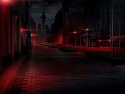  artist_request building bush cityscape cloud cloudy_sky dark day game_cg lamppost magia_record:_mahou_shoujo_madoka_magica_gaiden mahou_shoujo_madoka_magica no_humans official_art outdoors pillar radio_tower road scenery shade sidewalk sky skyscraper street tree 