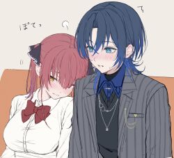  2girls black_hair black_sweater blue_eyes blue_hair blue_shirt blush bow bowtie breasts closed_mouth collared_shirt colored_inner_hair commentary grey_jacket highres hiodoshi_ao hololive hololive_dev_is houshou_marine jacket large_breasts long_sleeves mochi_jiro mole mole_under_mouth multicolored_hair multiple_girls parted_lips red_bow red_bowtie red_hair shirt sweat sweater twintails virtual_youtuber white_shirt wolf_cut yellow_eyes yuri 