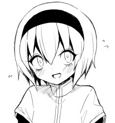  1girl artist_request blush capelet hairband happy jashin-chan_dropkick looking_at_viewer monochrome open_mouth pekora_(jashin-chan_dropkick) short_hair simple_background smile solo solo_focus white_background white_capelet  rating:General score:6 user:anon999654