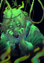  1girl bags_under_eyes biting black_background blonde_hair blush brown_shirt burning candle closed_mouth commentary_request crazy_eyes curly_hair eye_contact eyeshadow flaming_eye green_eyes green_theme hair_between_eyes hat highres long_bangs long_sleeves looking_at_another looking_at_viewer makeup messy_hair miujo mizuhashi_parsee nail_biting noose pointy_ears rope scalpel scarf shirt short_hair solo touhou upper_body white_scarf yamazaki_tsukune  rating:General score:8 user:borgo42