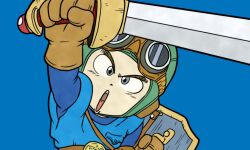  1boy aqua_hat arm_up asymmetrical_dual_wielding aviator_cap blue_background blue_shirt blue_tunic breast_pocket brown_gloves chankop commentary_request dragon_quest dragon_quest_ii dual_wielding gloves goggles goggles_on_headwear grey_eyes hat holding holding_shield holding_sword holding_weapon looking_at_viewer male_focus open_mouth pocket prince_of_lorasia roto&#039;s_emblem shield shirt solo sword toriyama_akira_(style) tunic upper_body weapon 