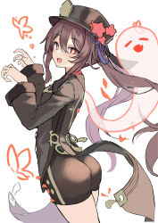 100 100percent_park 1girl :d absurdres ass black_coat black_hat black_shorts bright_pupils brown_hair bug butterfly coat coattails flower flower-shaped_pupils genshin_impact ghost hat hat_flower hat_ornament highres hu_tao_(genshin_impact) insect jewelry long_hair looking_at_viewer open_mouth plum_blossoms porkpie_hat red_eyes ring shorts smile solo symbol-shaped_pupils twintails white_background white_pupils rating:Sensitive score:43 user:danbooru