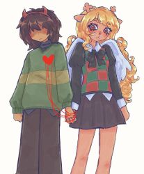  angel_and_devil angel_wings animal_ears antlers black_ribbon black_skirt blonde_hair blush brown_eyes brown_hair brown_pants checkered_sweater_vest closed_mouth colored_skin deer_ears deer_girl deltarune fake_horns furry furry_female furry_with_non-furry headband heart highres holding_hands horned_headwear horns interspecies kris_(deltarune) long_hair medium_hair noelle_holiday pants pleated_skirt red_headband reindeer_antlers reindeer_girl ribbon shaded_face skirt snoadsauce string string_of_fate striped_clothes striped_sweater sweater wings yellow_skin 