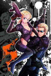  1boy 1girl albert_wesker blonde_hair blue_eyes bodysuit breasts capcom carrying chickencoop cleavage gloves gun handgun jill_valentine long_hair ponytail resident_evil resident_evil_5 revolver short_hair skorpion_vz._61 submachine_gun sunglasses weapon 