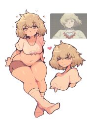 1girl absurdres anime_screenshot belly blonde_hair breasts cleavage dungeon_meshi falin_touden heart highres looking_at_viewer medium_breasts messy_hair navel one_eye_closed plump poorsdraws red_shorts screencap shirt short_hair shorts sleepy socks solo thick_thighs thighs tied_shirt white_background white_shirt white_socks yellow_eyes