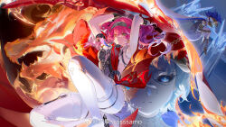  2girls armlet armor arms_up bodysuit boots breastplate breasts character_request chinese_commentary closed_mouth commentary_request duplicate hair_between_eyes hair_ornament hairband highres holding holding_polearm holding_weapon jewelry long_hair lupa_(wuthering_waves) medium_breasts metal_hairband multiple_girls pink_hair polearm red_sash samo_(shichun_samo) sash tacet_mark_(wuthering_waves) thigh_boots two-handed watermark weapon weibo_watermark white_bodysuit white_boots wolf wrist_guards wuthering_waves yellow_eyes 