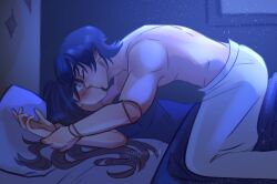  1boy 1girl ahoge alternate_hairstyle aqua_eyes black_hair blue_shirt blunt_ends blush boy_on_top closed_eyes couple curled_fingers doll_joints eyelashes genshin_impact hair_down hair_spread_out hetero highres holding_another&#039;s_wrist indoors joints kiss long_hair looking_at_another lying maju_(majuandrad) mona_(genshin_impact) on_back on_bed pillow scaramouche_(genshin_impact) shirt star_(symbol) star_print surprise_kiss surprised toned toned_male topless_male towel_around_waist wide-eyed wind 