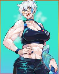 1girl abs absurdres black_choker blue_hair blue_nails bottle breasts choker cleavage covered_erect_nipples diforland earrings glasses grey_nails hand_on_own_hip highres indie_virtual_youtuber jewelry large_breasts midriff muscular muscular_female nail_polish navel open_mouth red_nails reina_blanka sharp_teeth short_hair simple_background smile solo sports_bra teeth two-tone_sports_bra upper_body virtual_youtuber water_bottle white_hair wristband rating:Sensitive score:85 user:danbooru